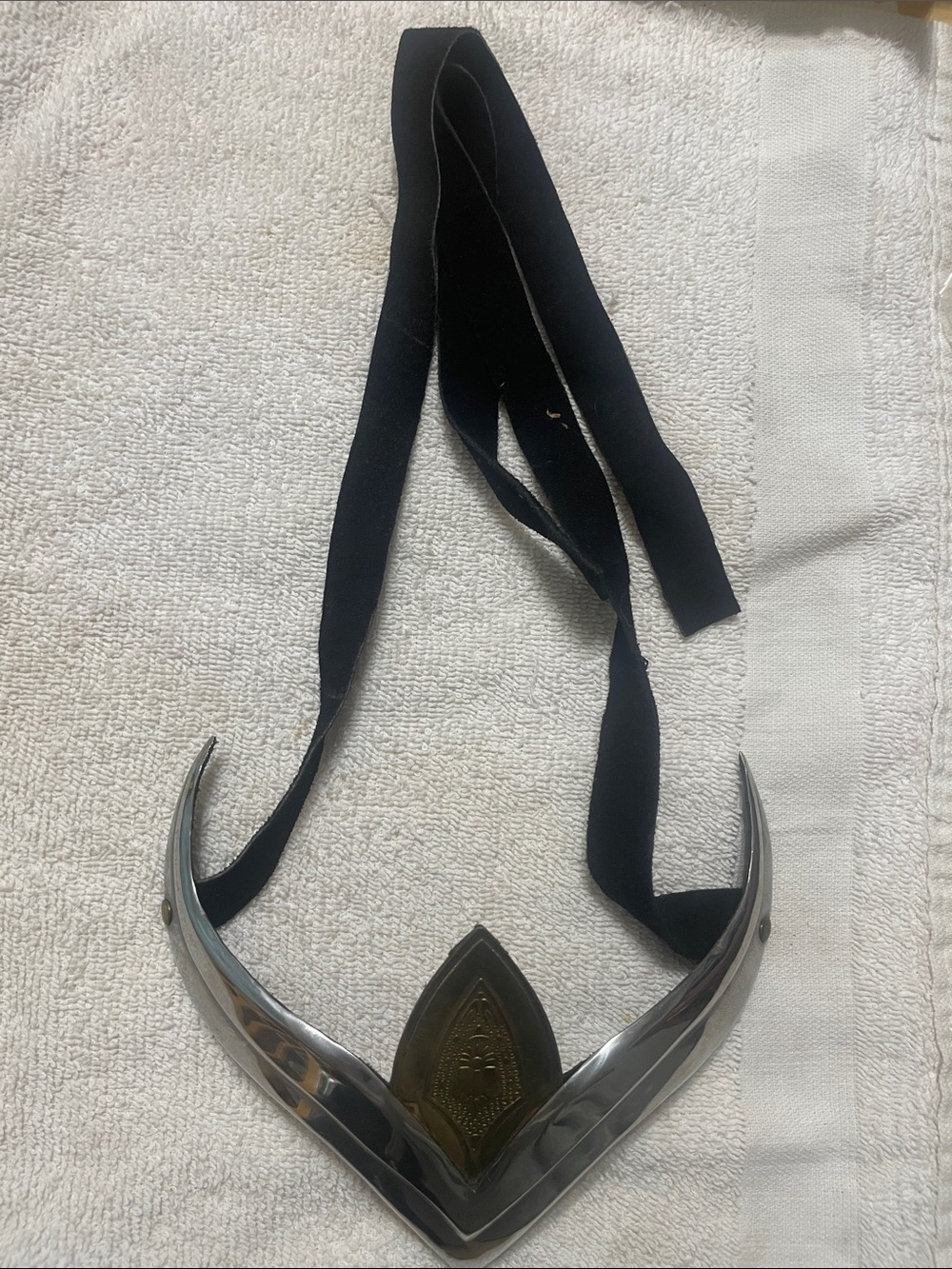 Silver and Brass Statement Collar Necklace with Black Ribbon